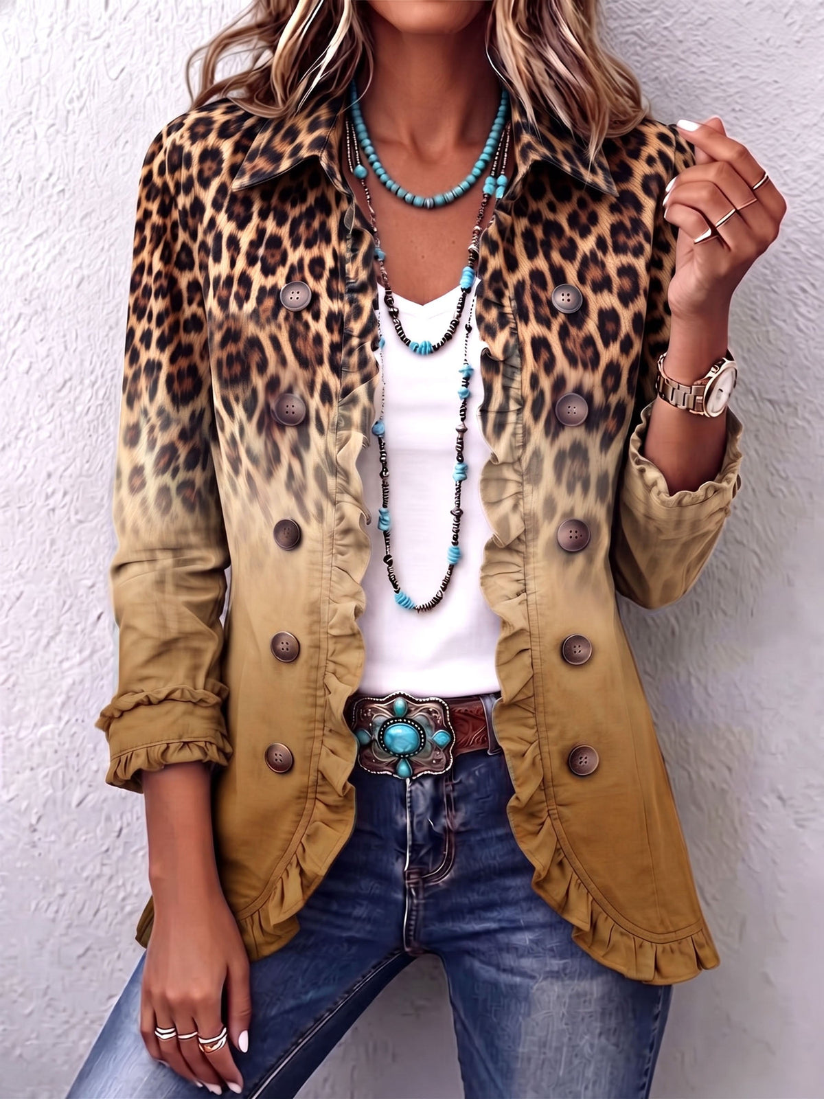 Reyes | Ockerfarbener Leoparden-Blazer mit Rüschen