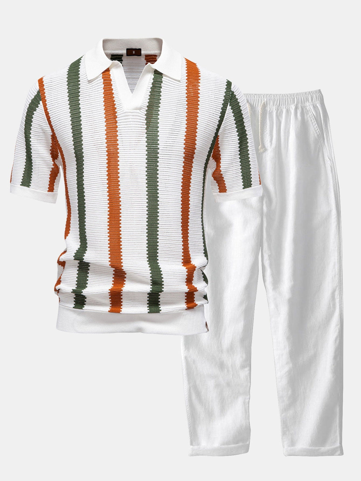 Javier | Conjunto Polo de Rayas con Cuello en V y Pantalón de Lino